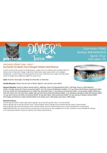 Prochoice Döner Bites Sos İçinde Ton Balıklı Yetişkin Kedi Konservesi 70 G