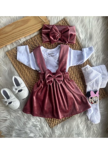 Kız Çocuk Bebek Kadife Kırmızı Pembe Doğum Günü Hediye Bandana Şık Elbise Kırmızı