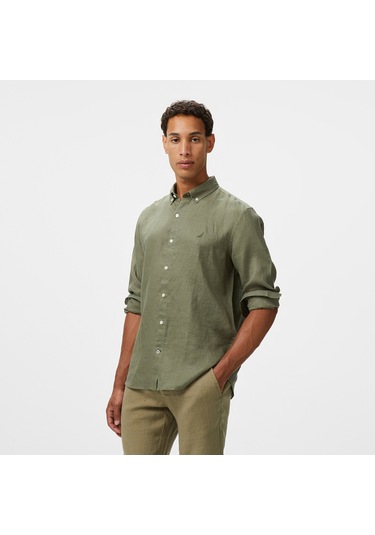 Nautica Erkek Yeşil Classic Fit Keten Gömlek Düz W55101t Yeşil