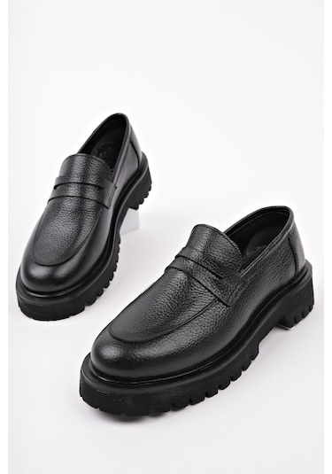 Muggo Paradise Hakiki Deri Kalın Taban Günlük Casual Makosen Kadın Loafer Ayakkabı Siyah