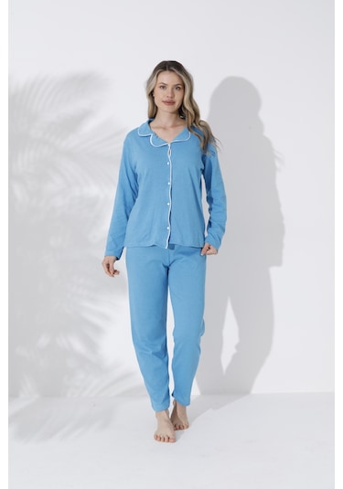 Gömlek Uzun Kol Pijama Takımı Mavi