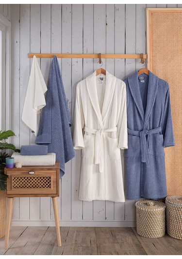 Newhome Alfa 6 Parça Kutulu %100 Pamuk Lüx Aile Bornoz Seti Mavi-krem Karışık