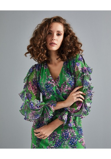 Çiçek Desenli Kadın Elbise - Katlı Etek Detaylı - Fırfırlı Kol - V Yaka - Modern Ve Şık Tasarım - Günlük Ve Özel Gün İçin Elbise Yeşil