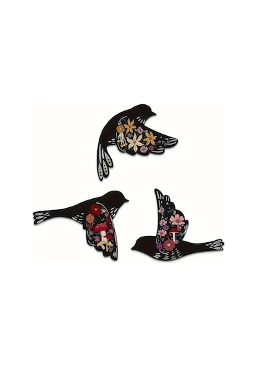 Cajuart Dekoratif Üçlü Siyah Çiçek Motifli Kuşlar Ahşap Duvar Dekoru Tablo Süs