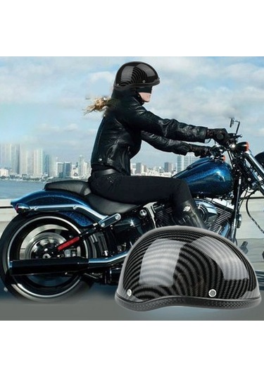 Skycity Klasik Motosiklet Yarım Kask - Abs + Pamuk Malzeme, Evrensel Boy, Yıkama Uygun, Karbon Desenli
