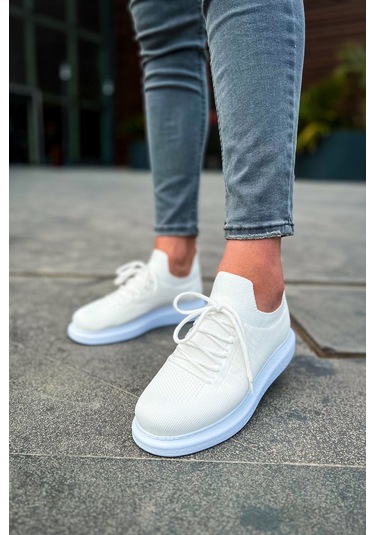 Pabucmarketi Bağcık Detaylı Triko Kumaş Erkek Spor Ayakkabı Beyaz Çok Renkli