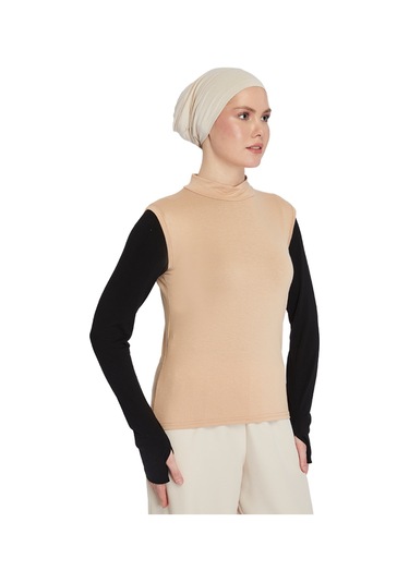 Organik Kolsuz Balıkçı Yaka Likralı Kadın Sıfır Kol Body Koyu Bej