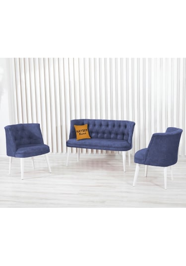 Kayser Home Çay Seti Koltuk Takımı Ofis Bahçe Balkon Oturma Grubu Berjer 2 1 1 Beyaz Ayak Mavi + Beyaz Ayak