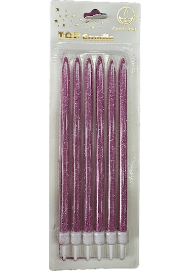 Simli Doğum Günü Parti Süs Pasta Mumu - Pembe - 15 Cm. - 6 Adetlik Paket Pembe