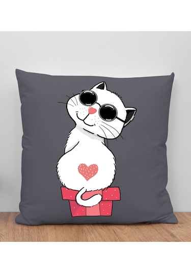 Bk Gift Kedi Tasarımlı Antrasit Kırlent Yastık, Arkadaşa Hediye, Ev Dekorasyonu, Ev Hediyesi-6