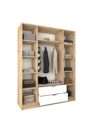 Nisan Açık Ceviz-beyaz 140 Cm 4 Kapılı 2 Çekmeceli Elbise Dolabı - Gardırop Açık Ceviz & Beyaz
