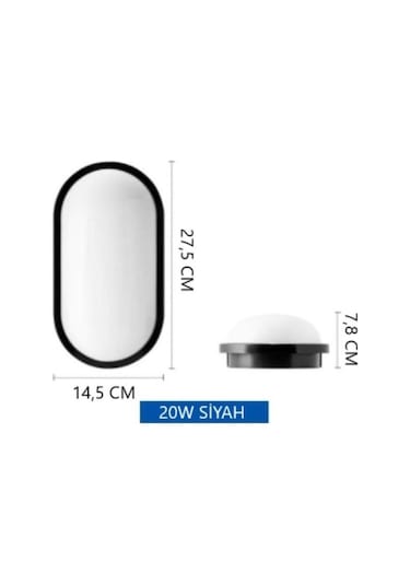 Horoz Aydos 15w Oval Siyah Led Nem Su Geçirmez Banyo Bahçe Modern Tavan Lambası Beyaz Işık Siyah