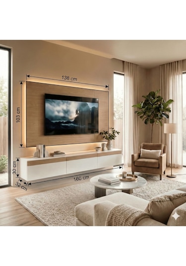 Purelıne Ledli Duvar Tv Ünitesi 180 Cm Beyaz-meşe 160 Cm