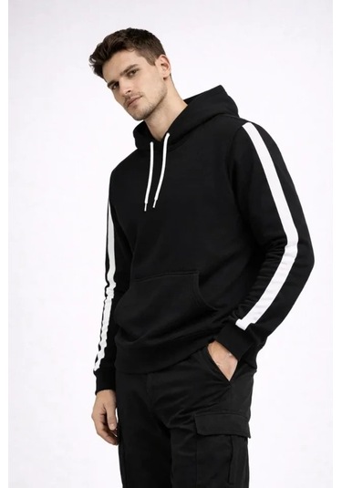 Defymoda Erkek Şeritli Kapüşonlu Sweatshirt Oversize 3 Iplik Pamuklu - Siyah Siyah