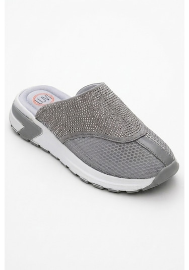 Luvishoes Glea Gri Taşlı Fileli Burnu Kapalı Kadın Terlik