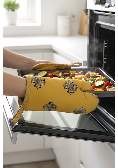 Sarı Etnik Desen 2 Li Fırın Eldiveni & Tutacak Seti Çok Renkli