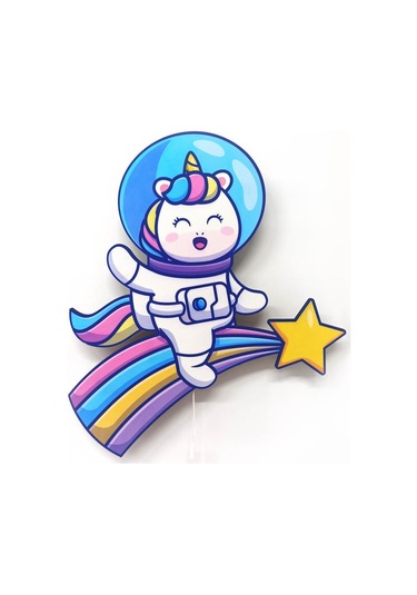 CajuArt Unicorn Astronot Ahşap Işıklı Çocuk Odası Duvar Tablosu