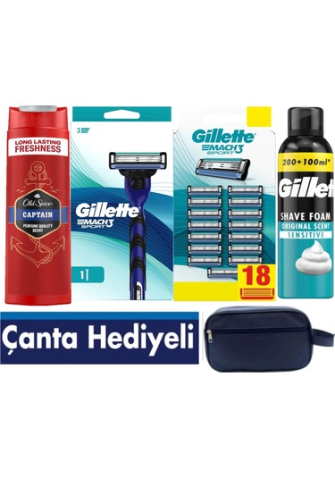 Mach3 Sport Makine+18 Yedek Bıçağı + 300ml Köpük +oldspice 400ml Şampuan +çanta