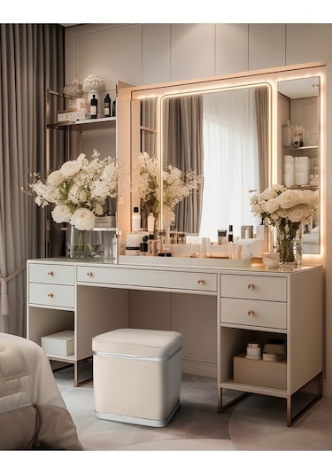 Zengo Silver Twin Line Kare Puf -krem Kumaş, Dekoratif Makyaj Masası Pufu-modern Style