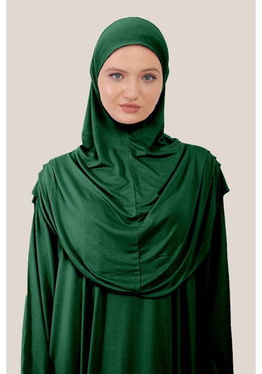 Tek Parça Tesettür Namaz Elbisesi Tak Çıkar Başörtülü Organik Pamuklu Lastikli Kolu Kaymaz Penye Zümrüt Yeşili