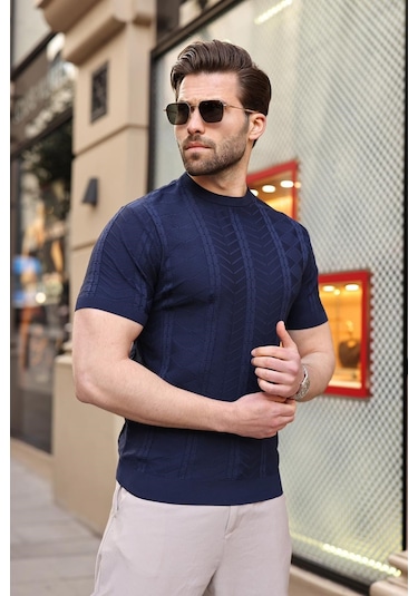 Lacivert Bisiklet Yaka Slim Fit Triko Erkek Tişört E7466
