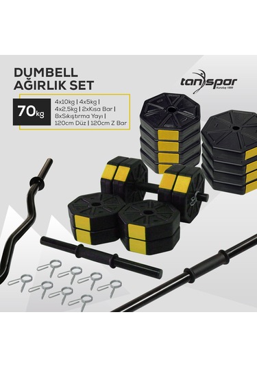 Tan Spor 70 KG Dambıl Halter Ağırlık Full Kısa + Düz + Z Bar Set Kırmızı Kapaklı