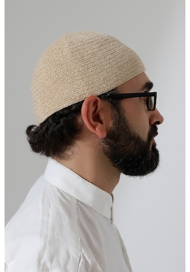 Kışlık Kadife Takke Düz Desen - Krem Krem