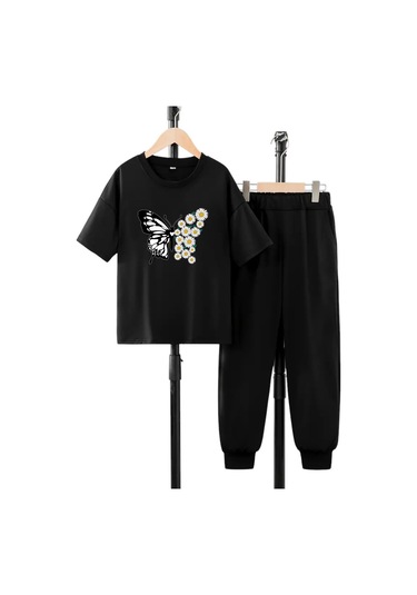 Çocuk Papatya Kelebek Baskılı Eşofman Takımı Siyah