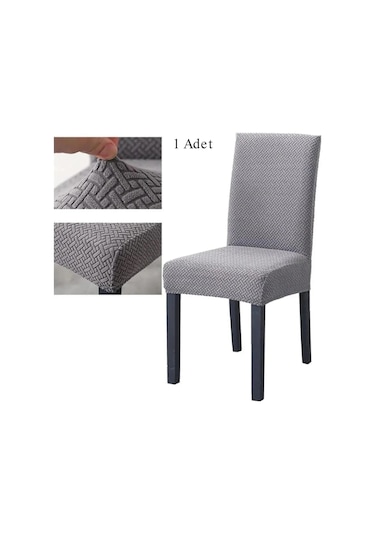 StarMall Tuğla Desen Likrali Jakarlı Kümaş Sandalye Örtüsü, Lastikli, Esnekli Sandalye Kılıfı 1 Adet Gri