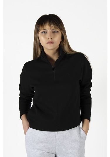 Kadın Siyah Yarım Fermuarlı Basic Düz Renk Trend Sweatshirt Siyah