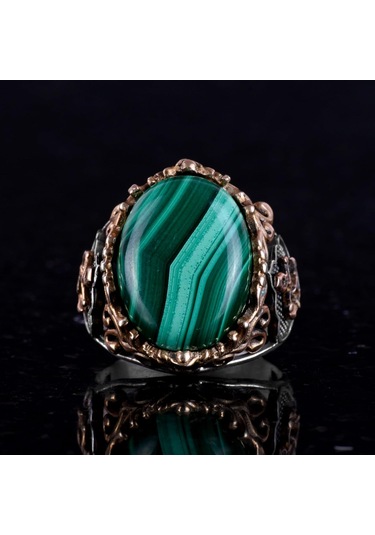 Doğal Malakit Taşlı Yüzük, Denizci Halat Yüzüğü - Canlı 925 Ayar Katı Gümüş Erkek Yüzüğü Gümüş