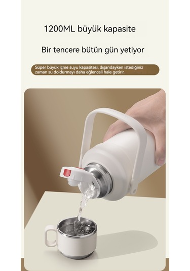 Relaxed Taşınabilir 316 Açık Hava Sporları Büyük Kapasiteli Termos Bardak, Yüksek Görünümlü Vakumlu Soğuk Tutma Kolu Su Isıtıcısı-Beyaz 1.2 L