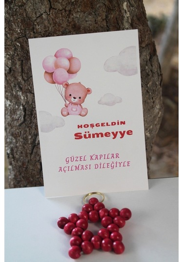 30 Adet Ahşap Yıldız Anahtarlık - Bebek Hediyelik - Kartlı