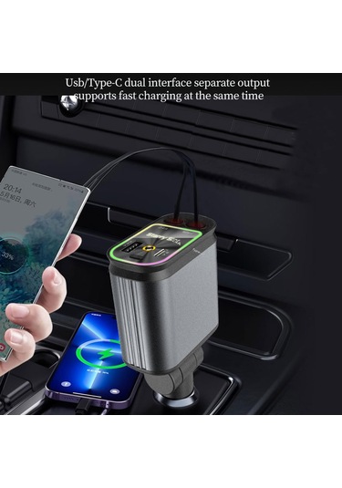 C3 4'ü 1 Arada Usb A + Usb C Araç Şarj Cihazı, Geri Çekilebilir Tip C + İp Kablosu Starry Sky Çakmak Adaptörü