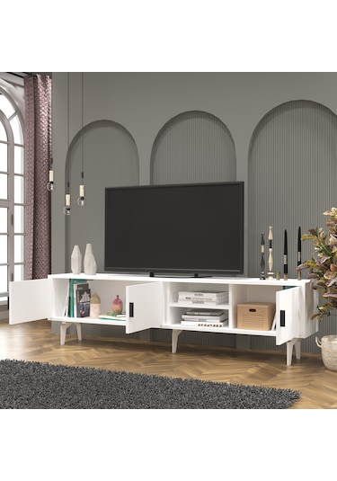 Marin Tv Ünitesi Tv Sehpası 180 Cm , Raflı , Beyaz