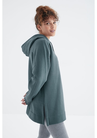Tommy Life Orman Yeşili Reglan Kol Basic Kapüşonlu Oversize Sweatshirt Tunik - 97242 Orman Yeşili
