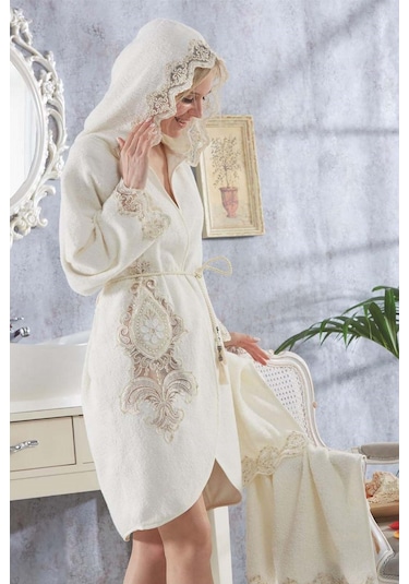 Elenora Krem Balayı Çeyizlik Dantelli 4 Parça Bayan Gelin Hamamı Krem