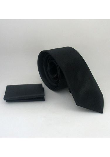 Siyah Slim Fit Düz Renk Mendilli Saten Kravat - SS-01 Siyah