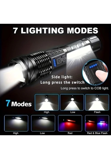 Brightnova 2li Usb Şarjlı El Feneri Flashlight 350 Lümen 7 Mod Xp50 Cob Yan Lamba 300m Uzun Menzil Kampçılık Acil Durum 2pcs Altın