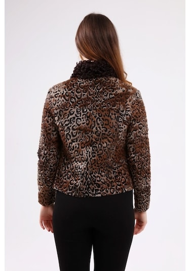 Leatinn Kahverengi Kadın Leopar Desenli Deri Ceket