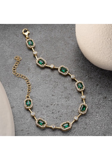 Kadın 925 Ayar Gümüş Zümrüt Taşlı Zarif Bileklik Altın