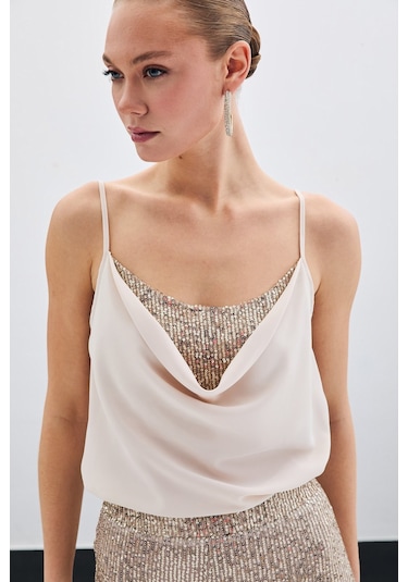 Sateen Degaje Yaka Bluz - Bej-135512 Bej