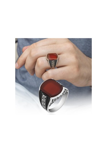 Grek Desenli Akik Taşlı 925 Gümüş Erkek Yüzük Beyaz