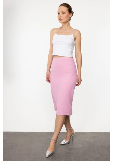 Ekol Kadın Midi Boy Yırtmaçlı Etek 5080 Pink Pembe