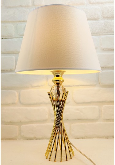 Gold Kaplama Burgu Metal Ayaklı Kristal Cam Toplu Beyaz Abajur Altın