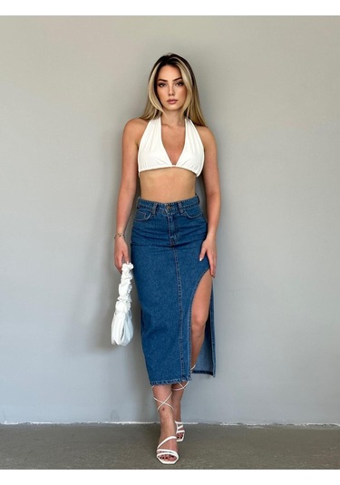 Shevega Kadın Mavi Uzun Ön Parçali Asimetrik Kot Etek Mavi