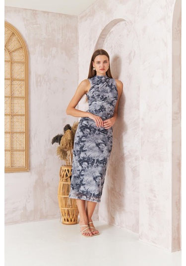 Kadın Gri Sıfır Kol Tül Elbise Dm1043 Gri