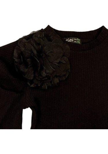 Kız Çocuk Kol Detaylı Çiçekli Fitilli Bluz-14802 Siyah