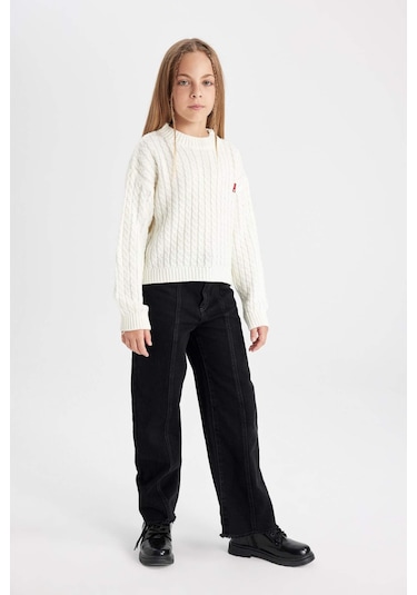 Defacto Kız Çocuk Ekru Standart Fit Bisiklet Yaka Triko Kazak C6973A824AUER233 Ekru