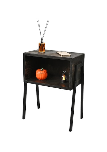 Rustik Siyah Gece Masası - Metal Ayaklar - Komidin - Çam Massif Siyah